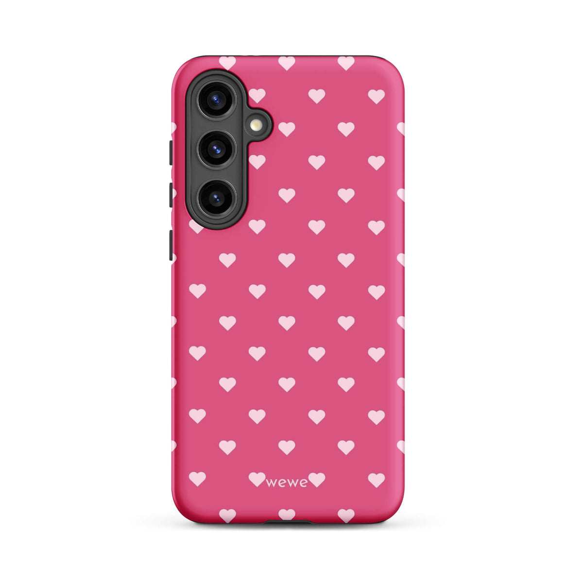Bubblegum-pink iPhone case with evenly spaced pale blush-pink mini hearts