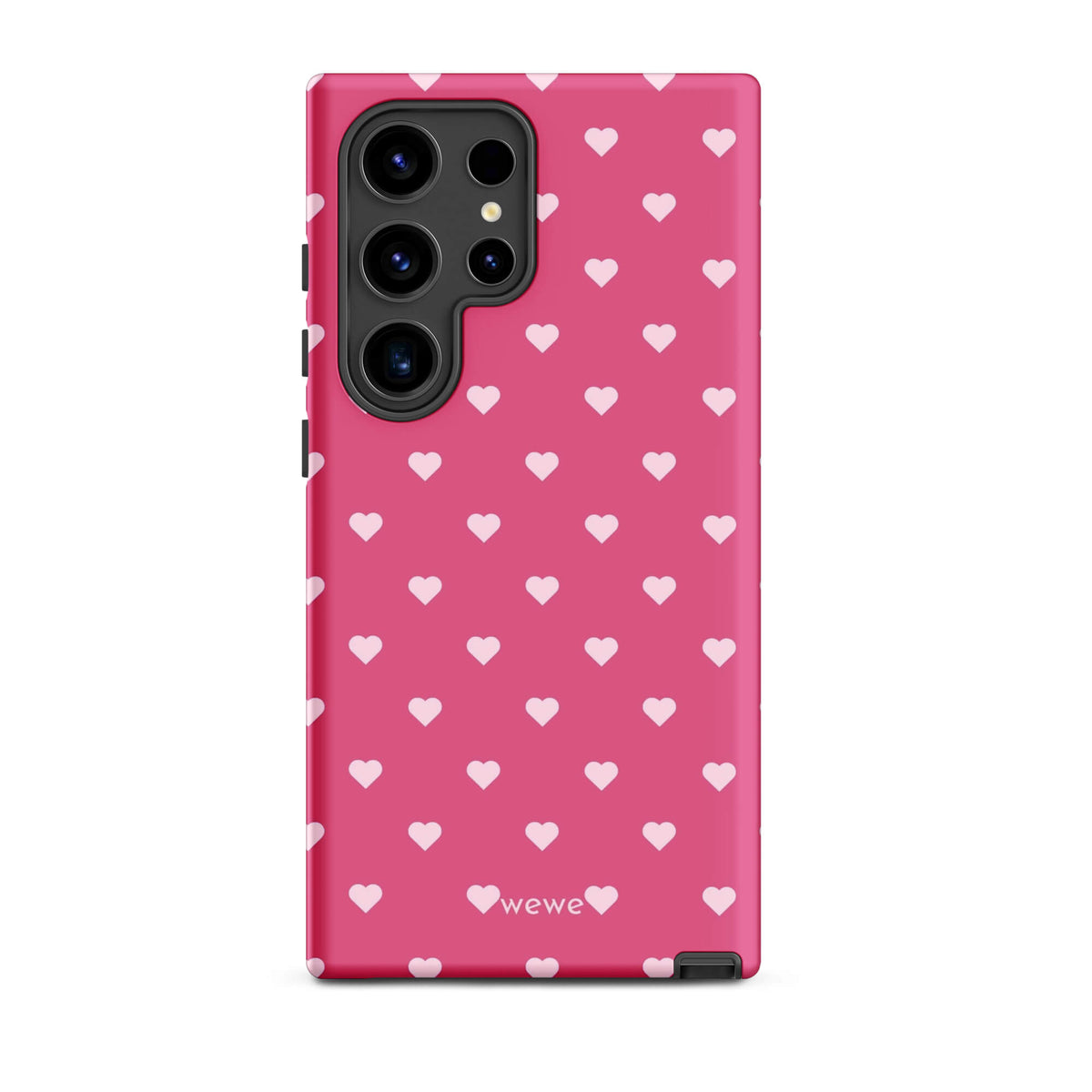 Bubblegum-pink iPhone case with evenly spaced pale blush-pink mini hearts
