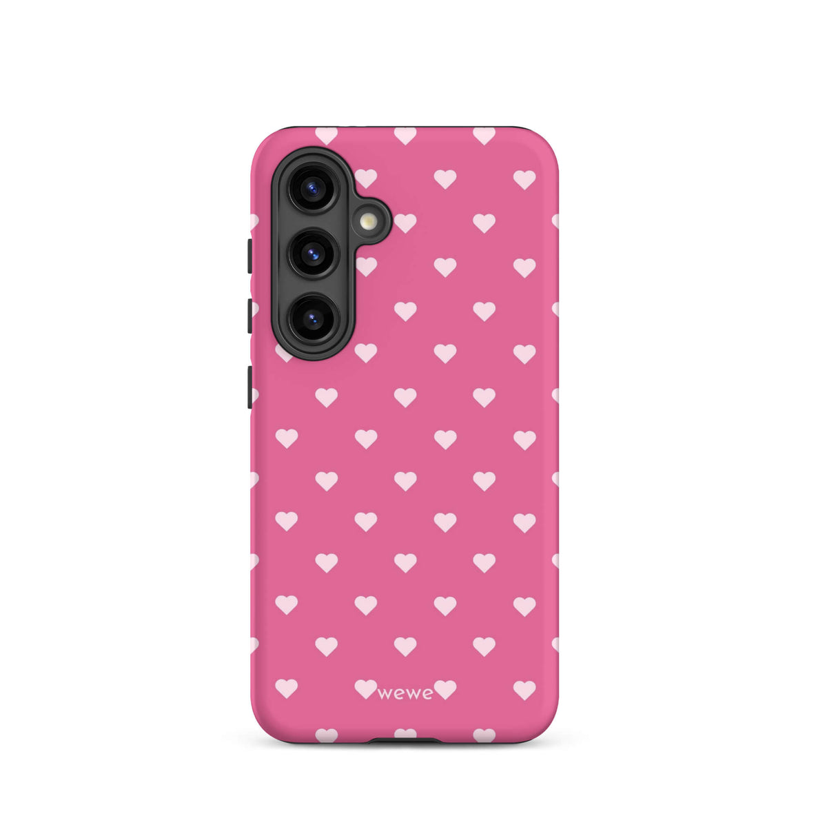 Bubblegum-pink iPhone case with evenly spaced pale blush-pink mini hearts