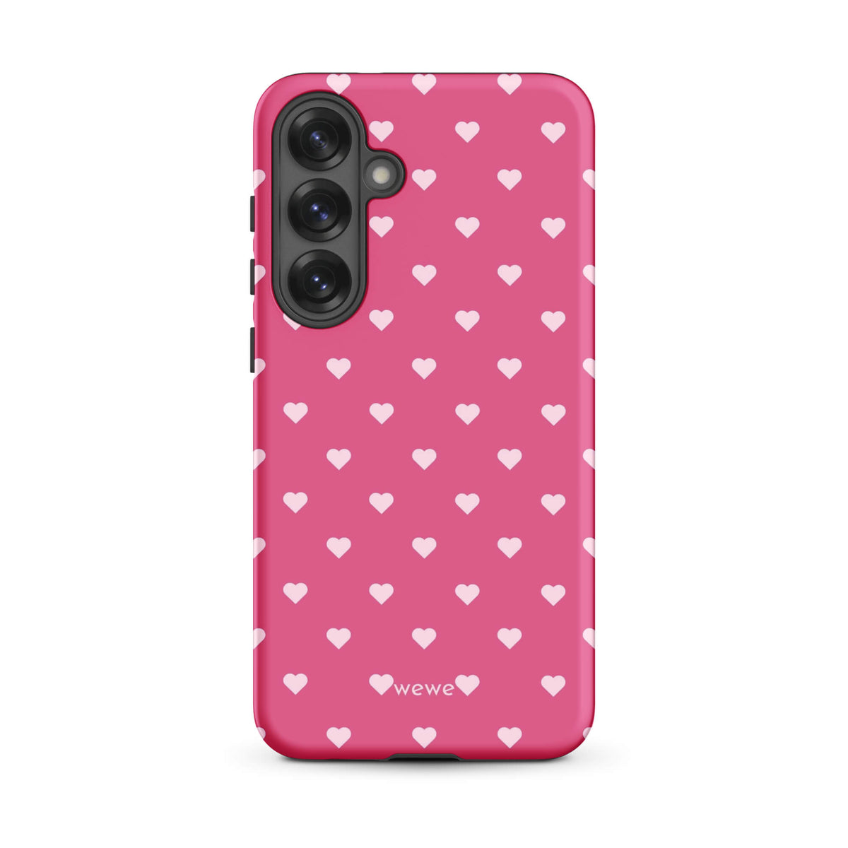 Bubblegum-pink iPhone case with evenly spaced pale blush-pink mini hearts