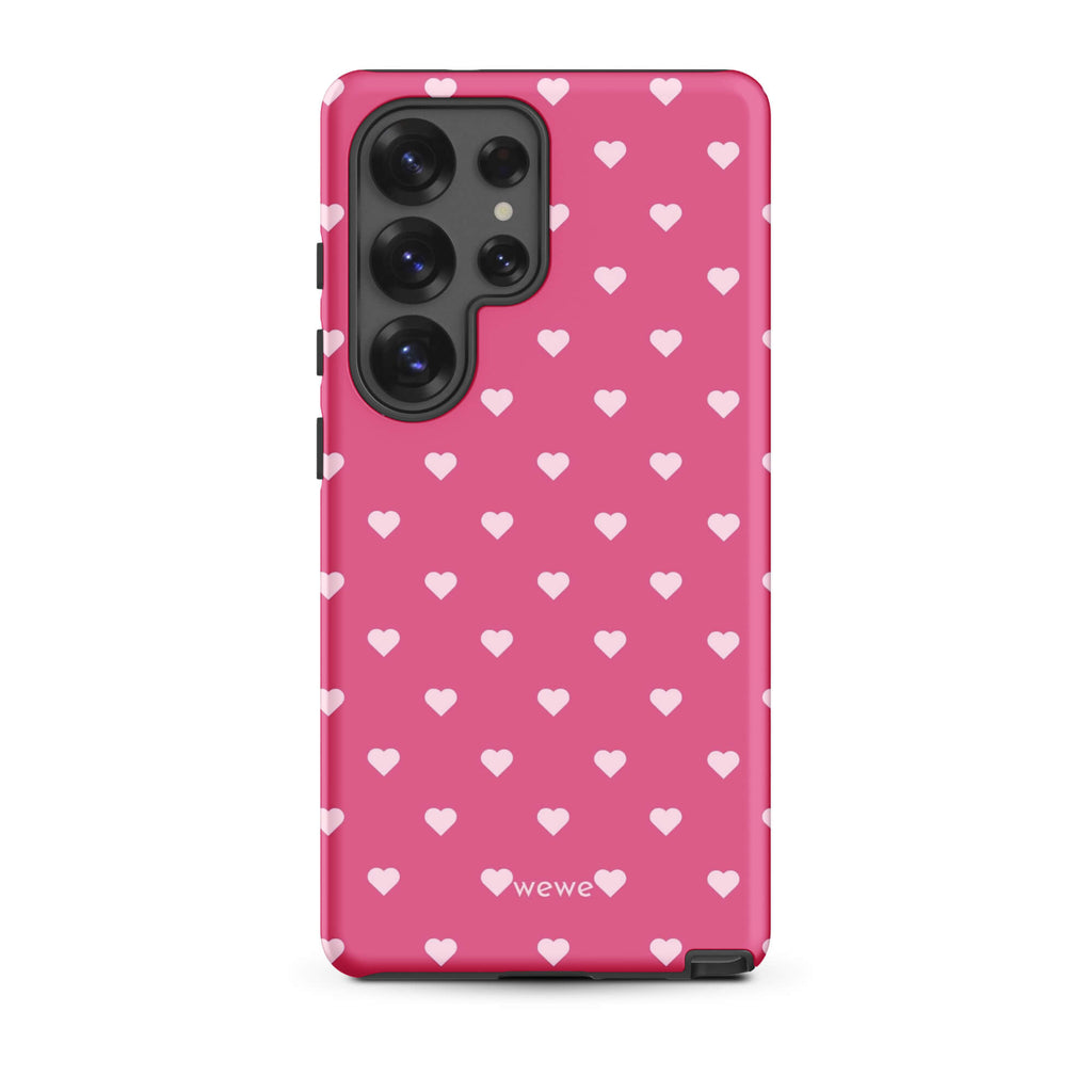 Bubblegum-pink iPhone case with evenly spaced pale blush-pink mini hearts