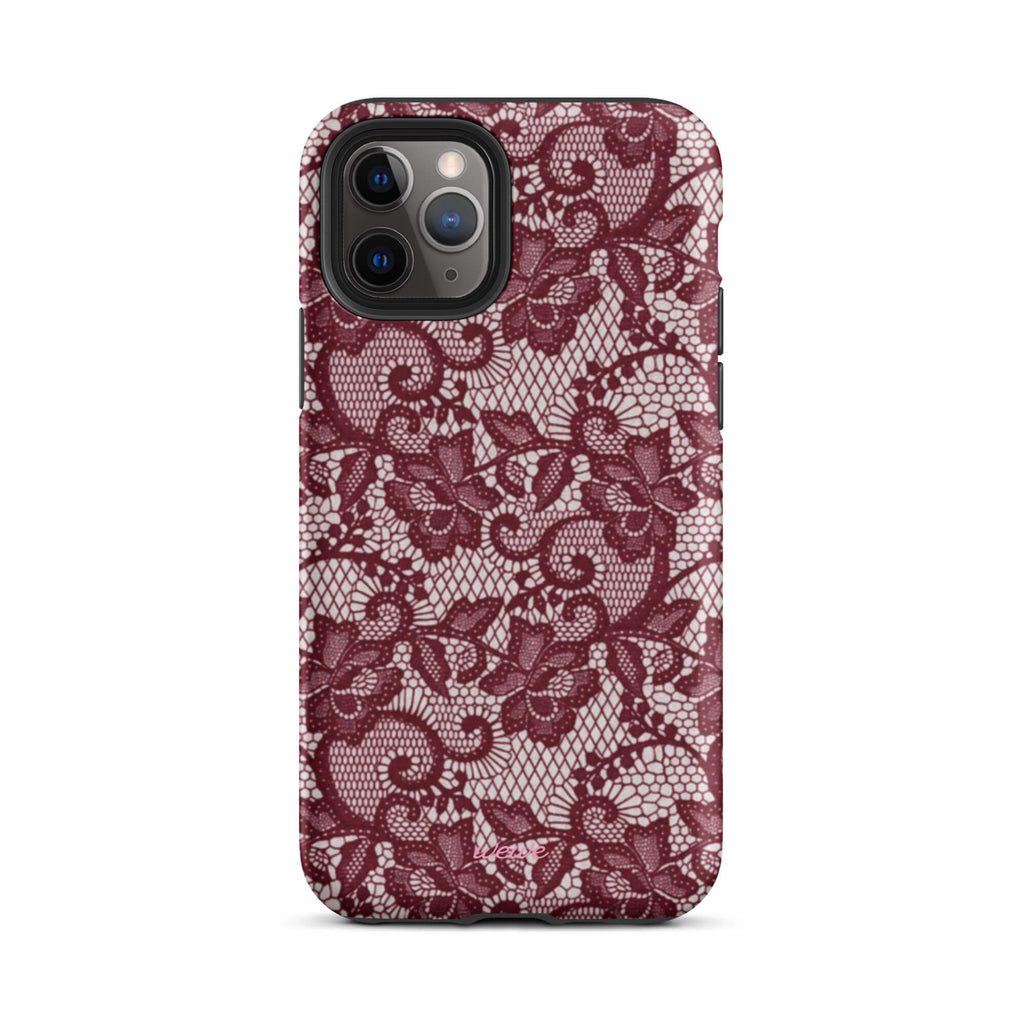 Burgundy floral-lace iPhone case with cream flowers, leaves and intricate net-like details