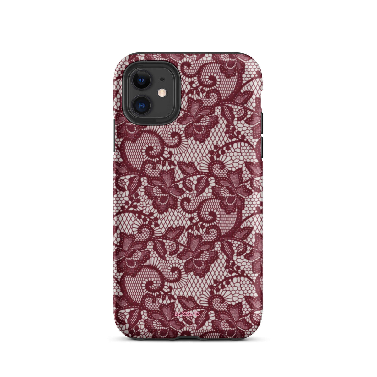 Burgundy floral-lace iPhone case with cream flowers, leaves and intricate net-like details