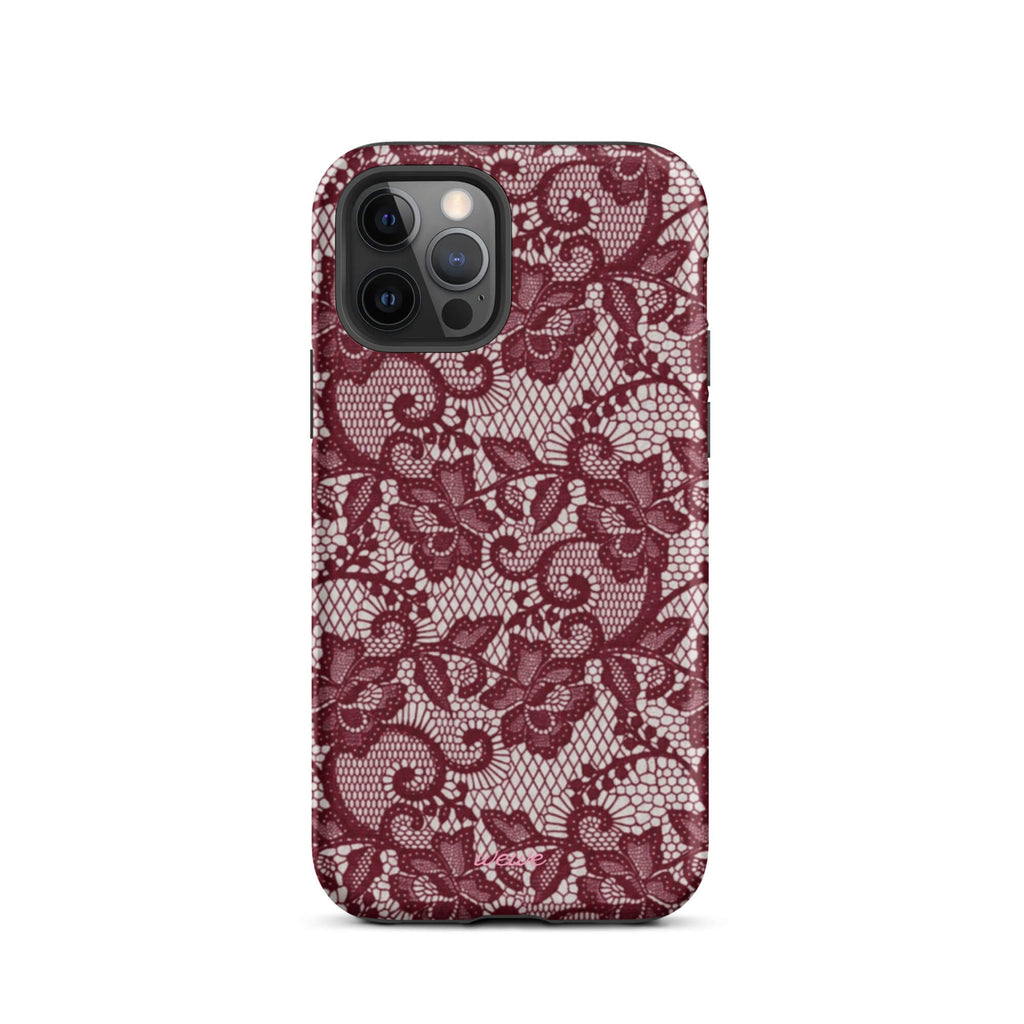 Burgundy floral-lace iPhone case with cream flowers, leaves and intricate net-like details