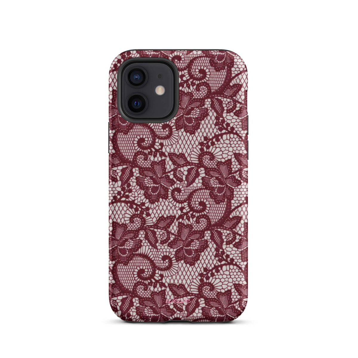 Burgundy floral-lace iPhone case with cream flowers, leaves and intricate net-like details