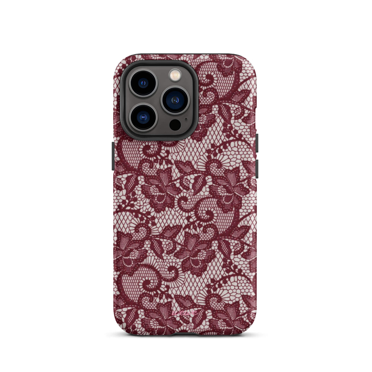 Burgundy floral-lace iPhone case with cream flowers, leaves and intricate net-like details