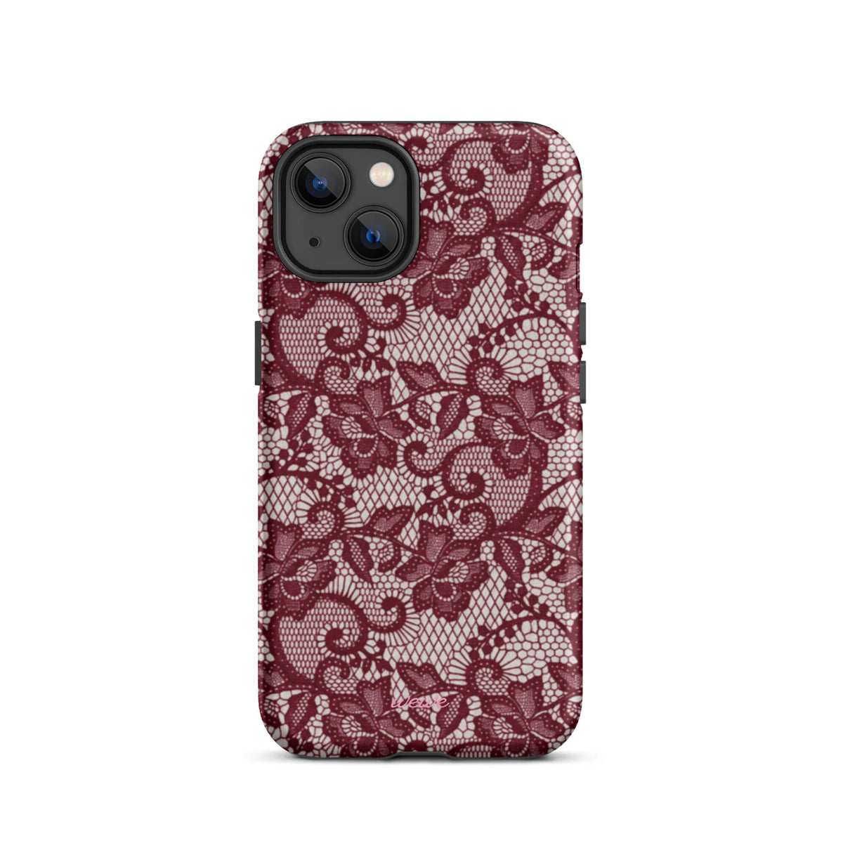 Burgundy floral-lace iPhone case with cream flowers, leaves and intricate net-like details