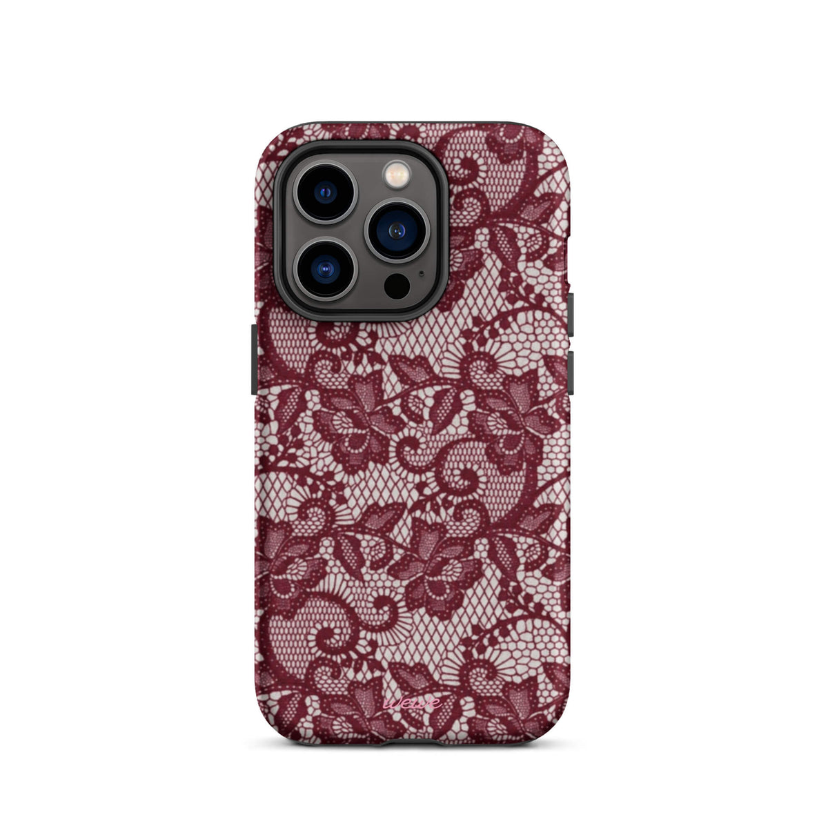 Burgundy floral-lace iPhone case with cream flowers, leaves and intricate net-like details