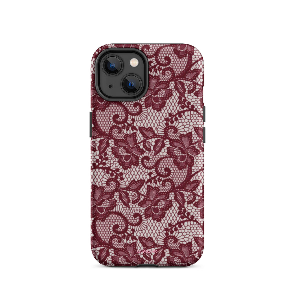 Burgundy floral-lace iPhone case with cream flowers, leaves and intricate net-like details