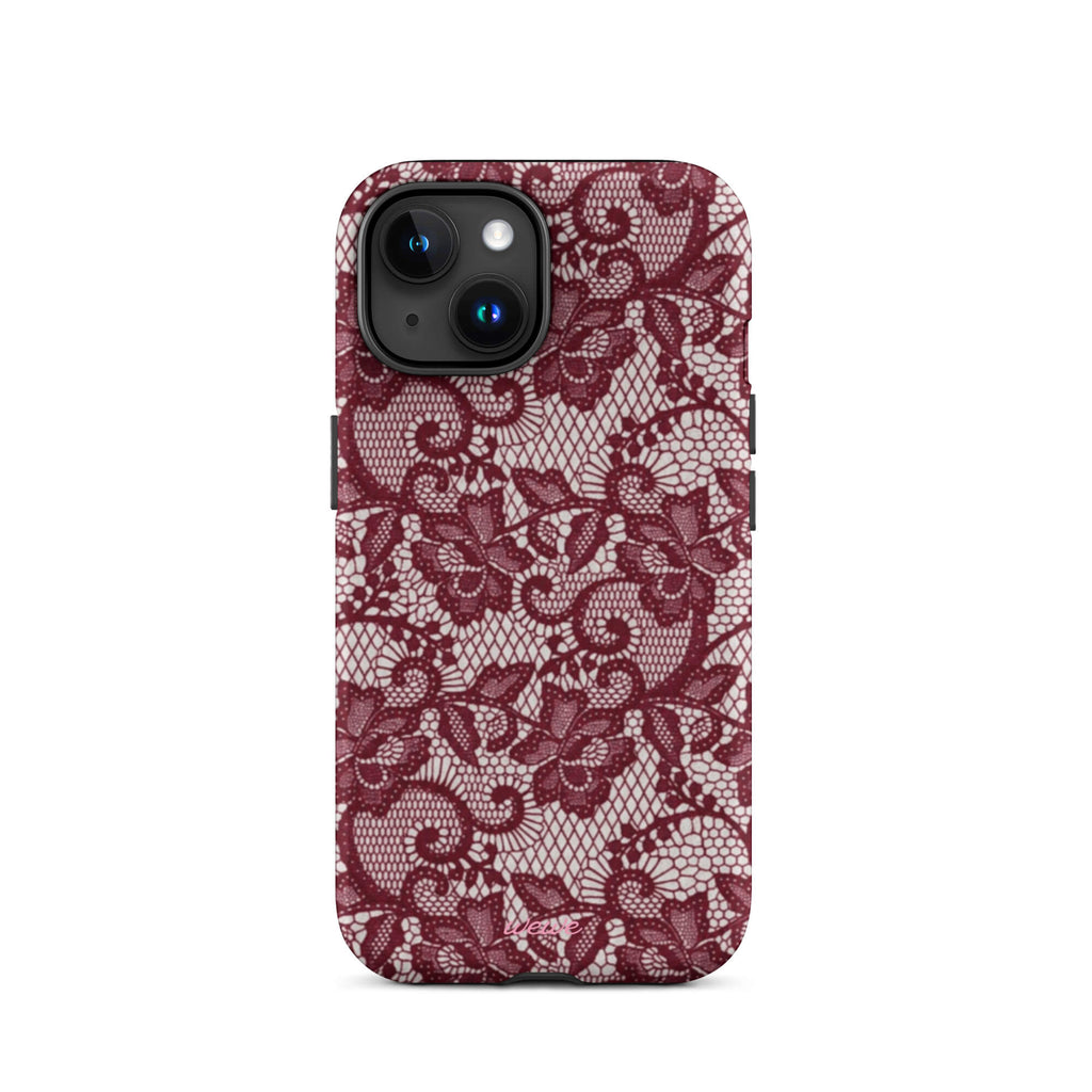 Burgundy floral-lace iPhone case with cream flowers, leaves and intricate net-like details