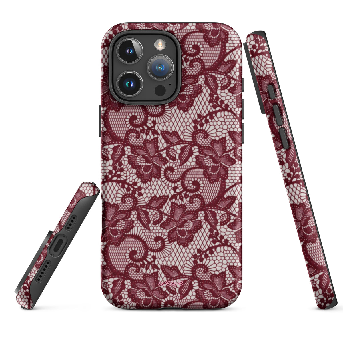 Burgundy floral-lace iPhone case with cream flowers, leaves and intricate net-like details