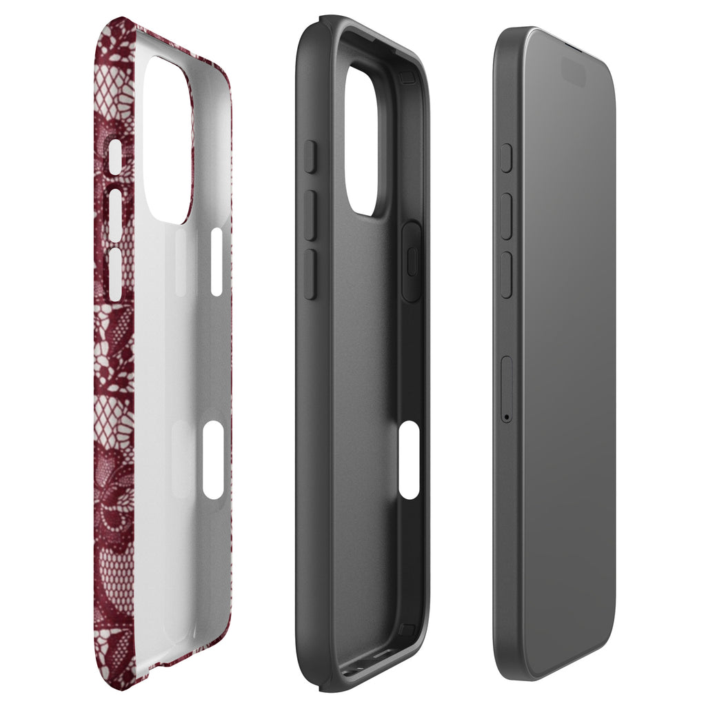 Burgundy floral-lace iPhone case with cream flowers, leaves and intricate net-like details