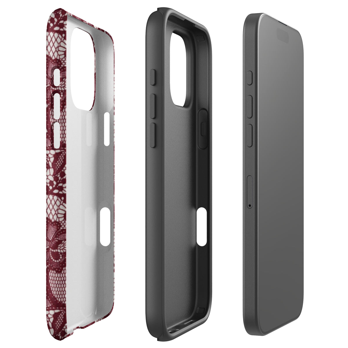 Burgundy floral-lace iPhone case with cream flowers, leaves and intricate net-like details
