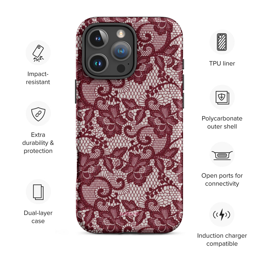 Burgundy floral-lace iPhone case with cream flowers, leaves and intricate net-like details