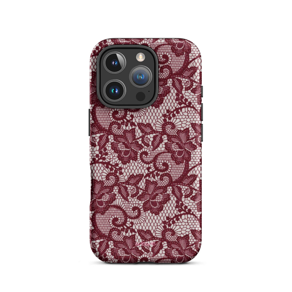 Burgundy floral-lace iPhone case with cream flowers, leaves and intricate net-like details