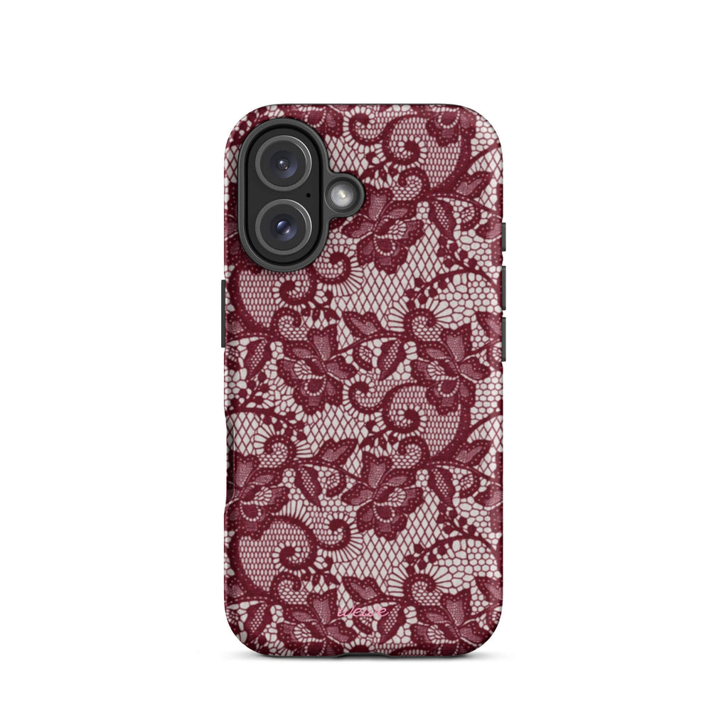 Burgundy floral-lace iPhone case with cream flowers, leaves and intricate net-like details