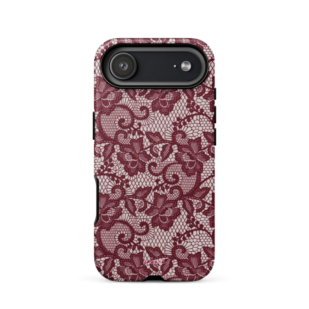 Burgundy floral-lace iPhone case with cream flowers, leaves and intricate net-like details