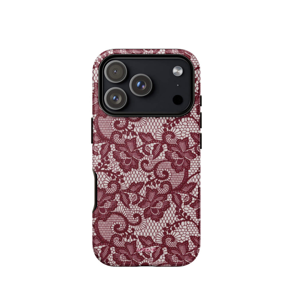 Burgundy floral-lace iPhone case with cream flowers, leaves and intricate net-like details