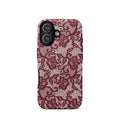 Burgundy floral-lace iPhone case with cream flowers, leaves and intricate net-like details