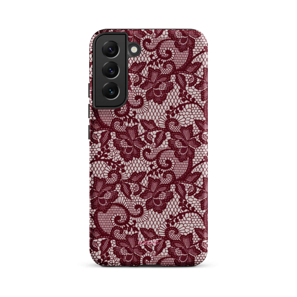 Burgundy floral-lace iPhone case with cream flowers, leaves and intricate net-like details