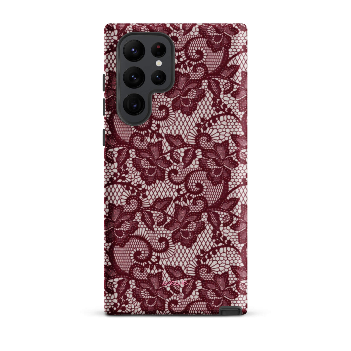 Burgundy floral-lace iPhone case with cream flowers, leaves and intricate net-like details