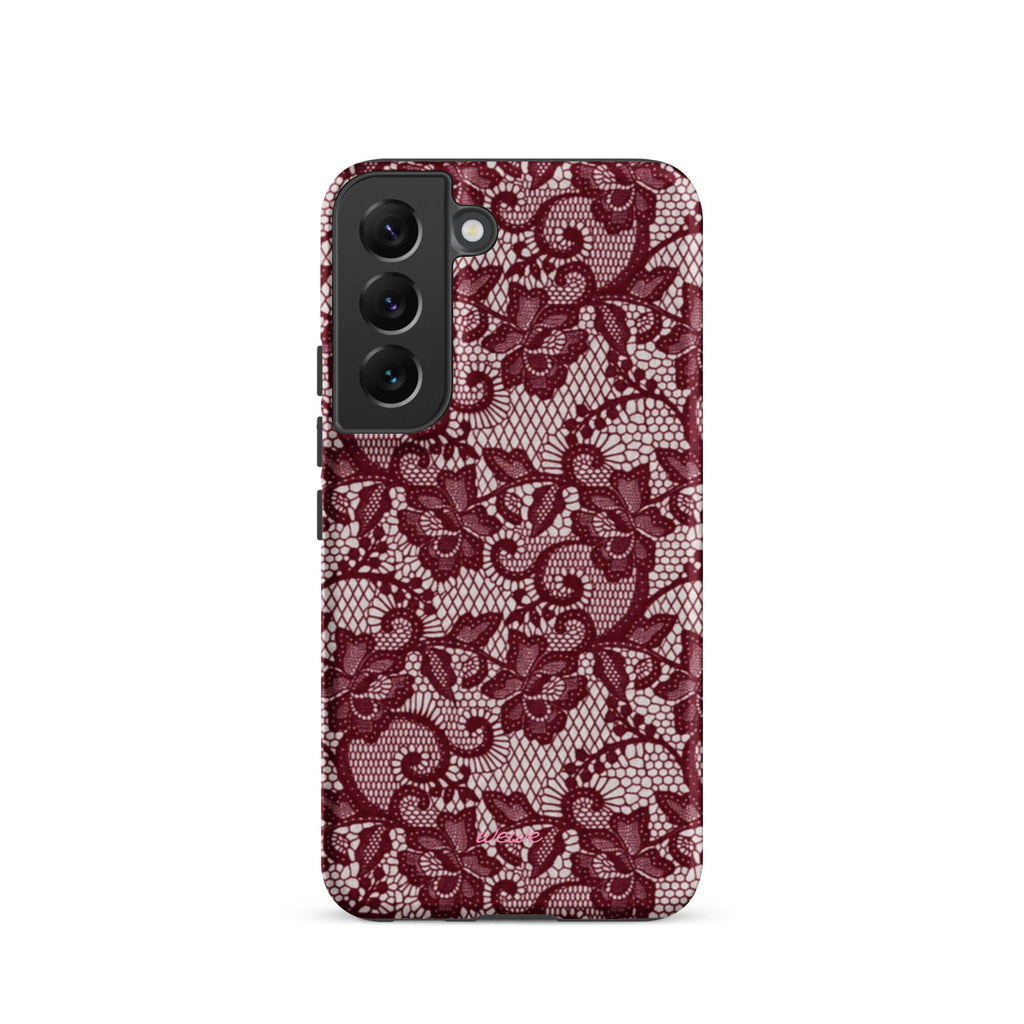 Burgundy floral-lace iPhone case with cream flowers, leaves and intricate net-like details