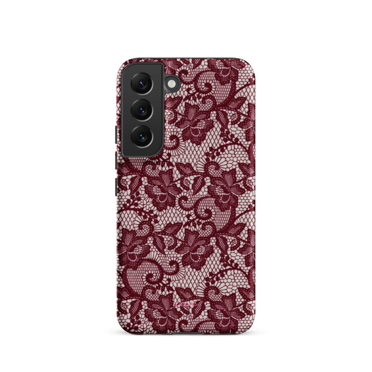 Burgundy floral-lace iPhone case with cream flowers, leaves and intricate net-like details