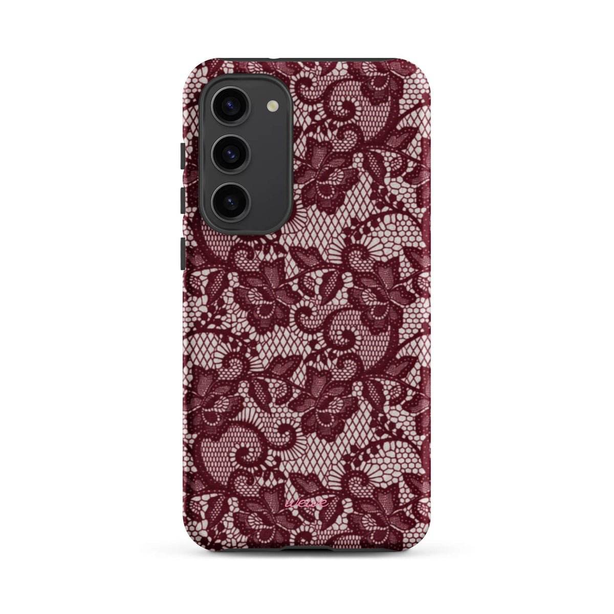 Burgundy floral-lace iPhone case with cream flowers, leaves and intricate net-like details