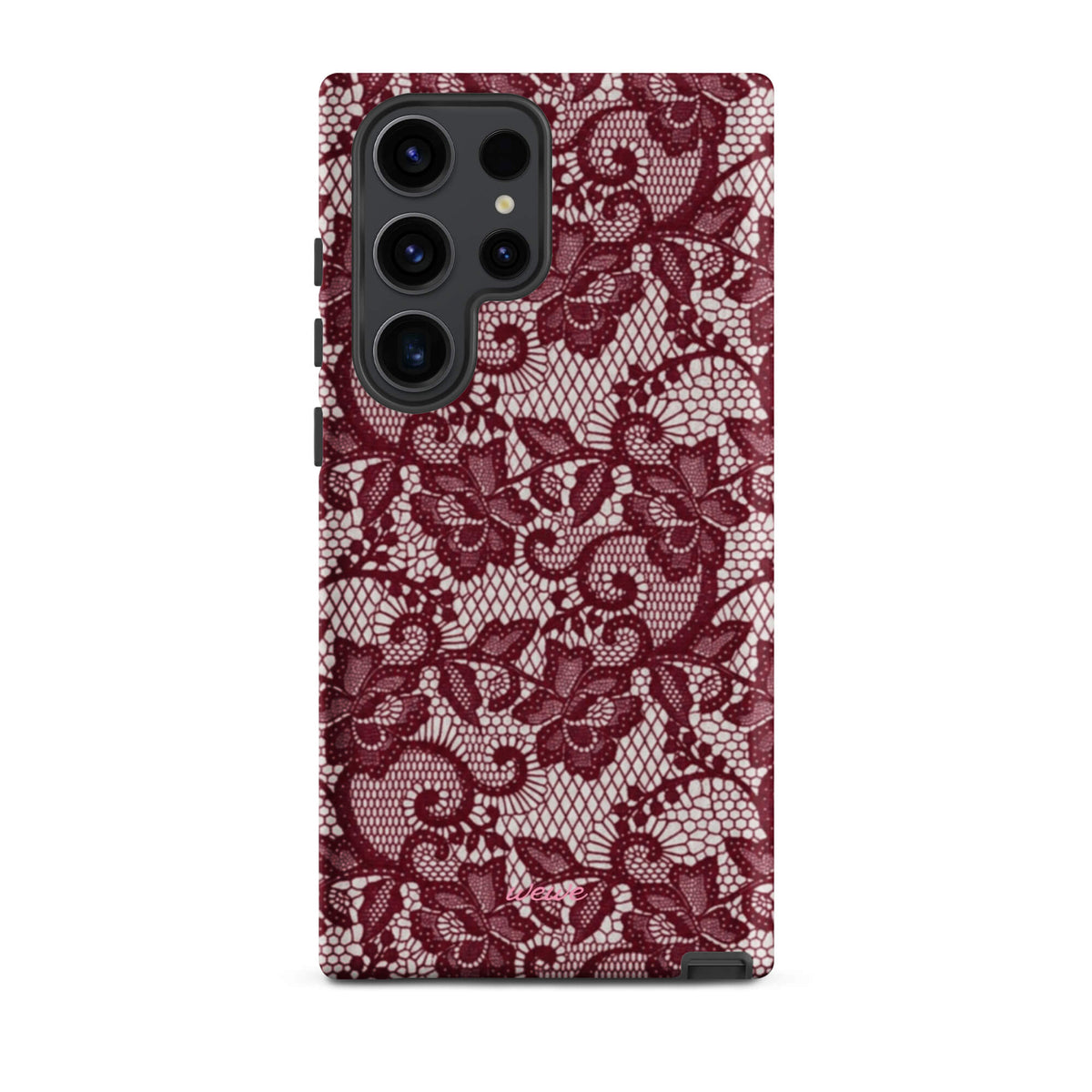 Burgundy floral-lace iPhone case with cream flowers, leaves and intricate net-like details