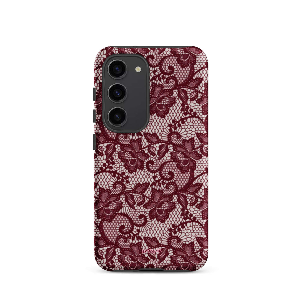 Burgundy floral-lace iPhone case with cream flowers, leaves and intricate net-like details