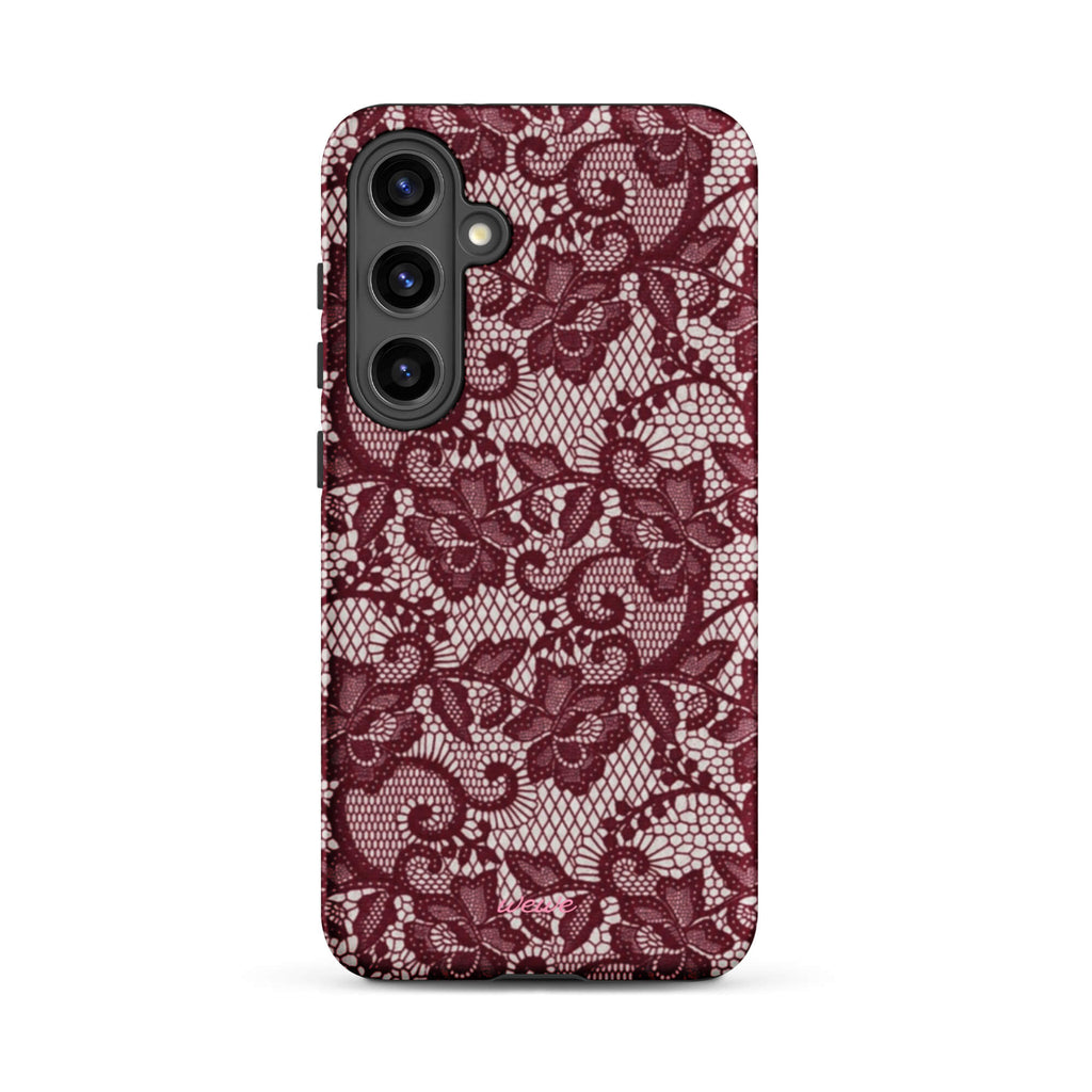 Burgundy floral-lace iPhone case with cream flowers, leaves and intricate net-like details