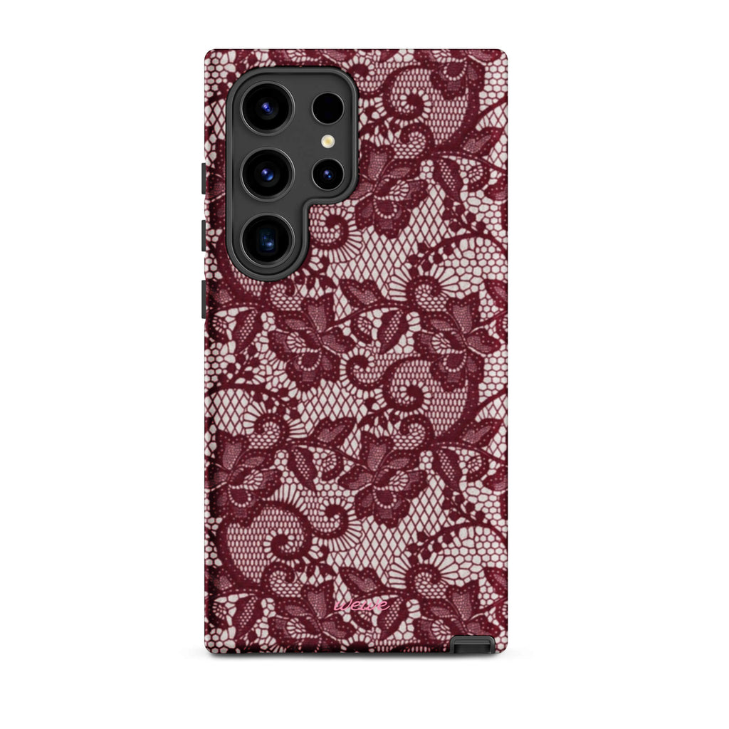 Burgundy floral-lace iPhone case with cream flowers, leaves and intricate net-like details