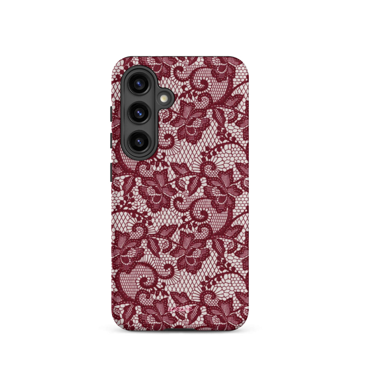 Burgundy floral-lace iPhone case with cream flowers, leaves and intricate net-like details