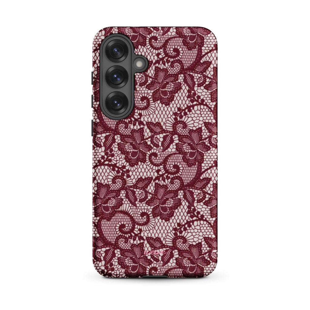 Burgundy floral-lace iPhone case with cream flowers, leaves and intricate net-like details