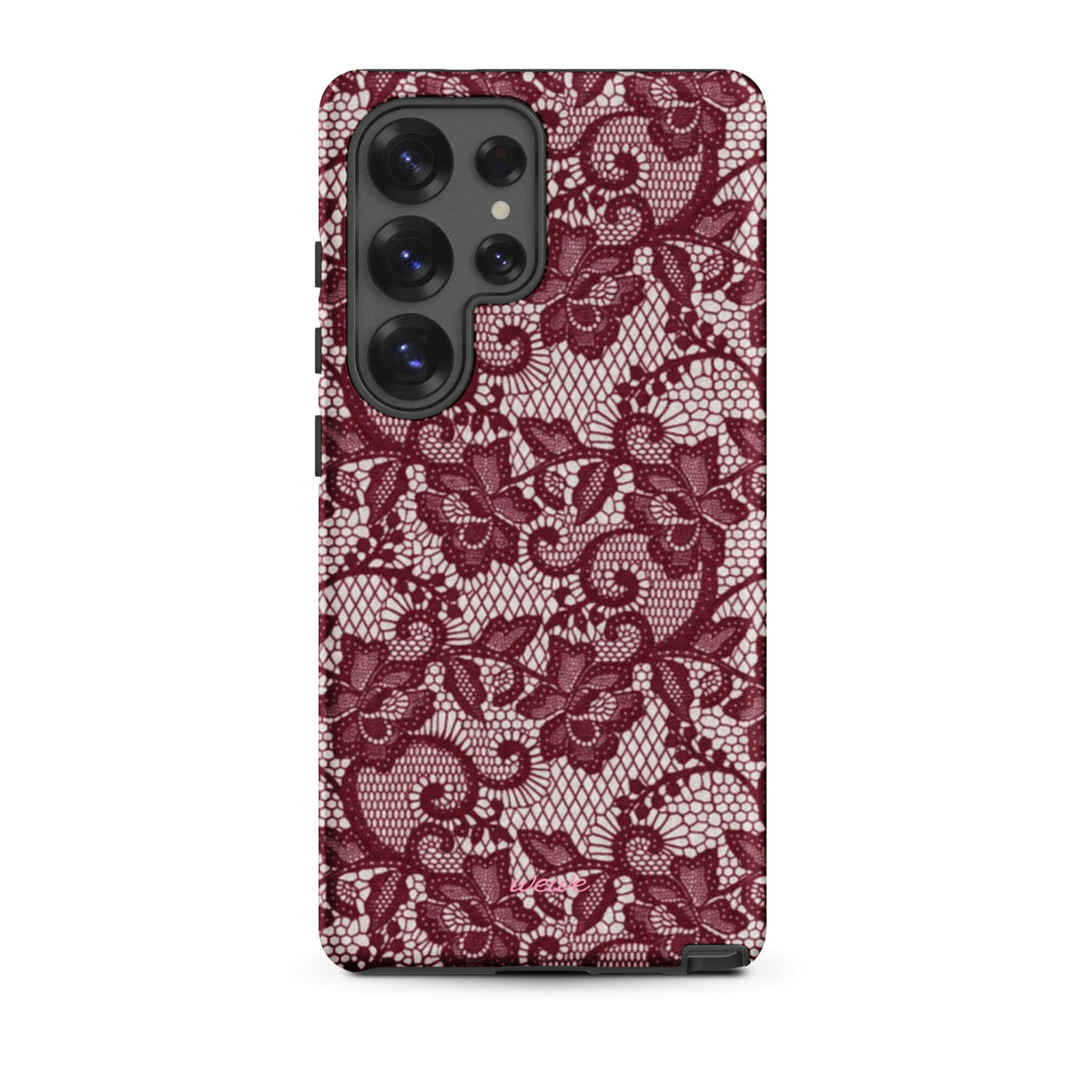 Burgundy floral-lace iPhone case with cream flowers, leaves and intricate net-like details