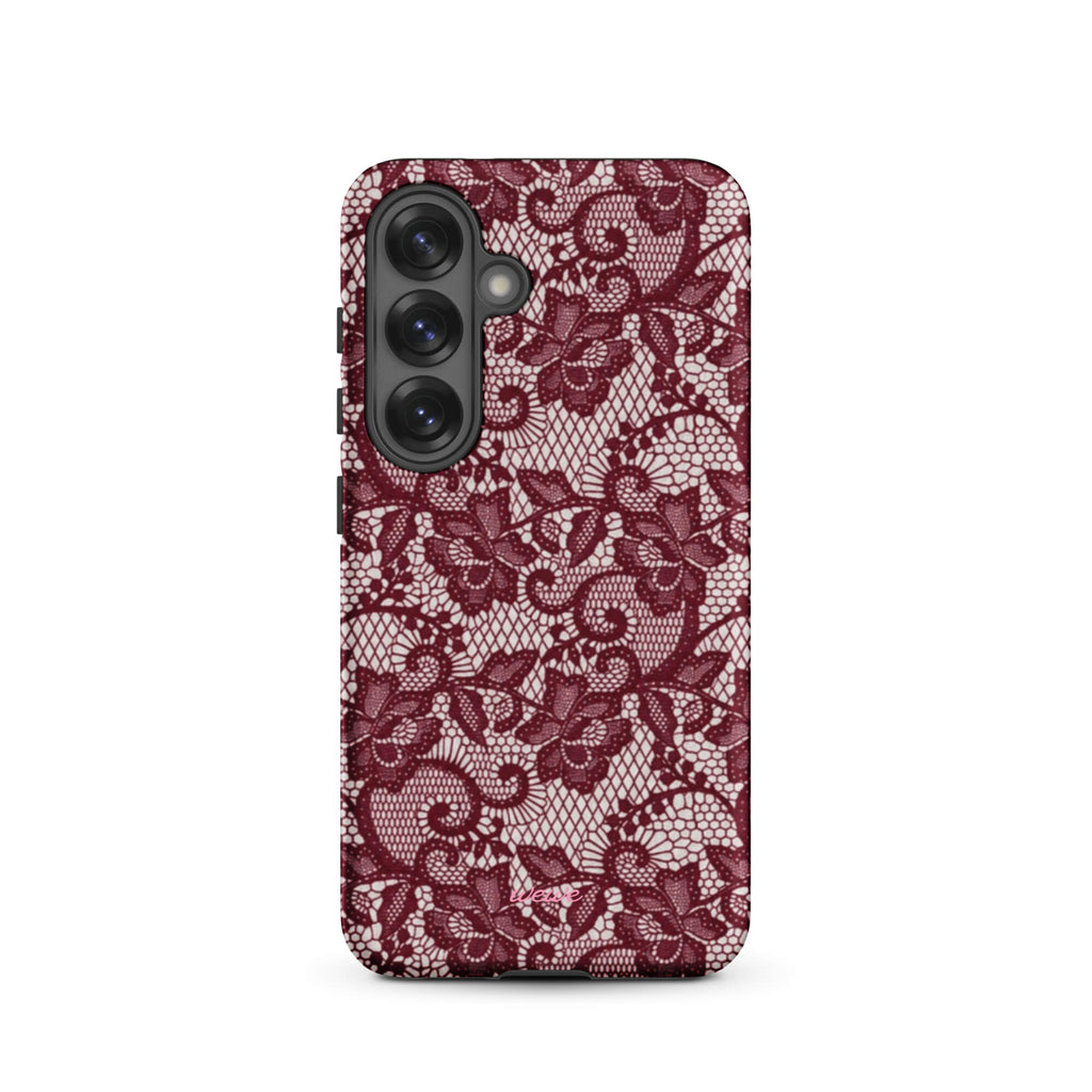 Burgundy floral-lace iPhone case with cream flowers, leaves and intricate net-like details
