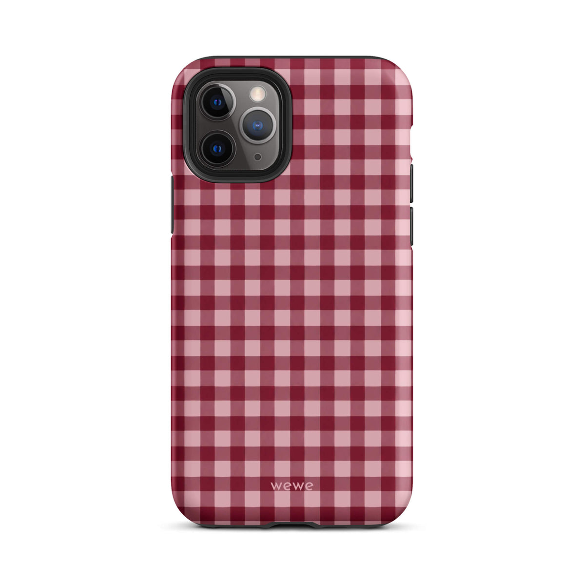 Deep burgundy and blush-pink iPhone case with an evenly repeated gingham check pattern