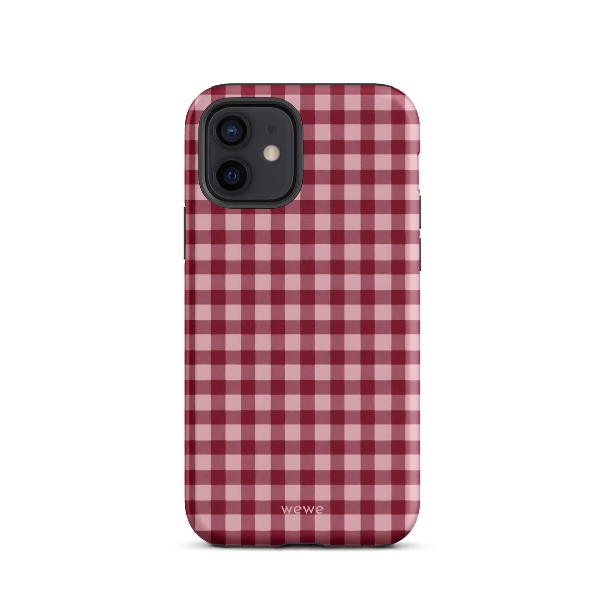 Deep burgundy and blush-pink iPhone case with an evenly repeated gingham check pattern