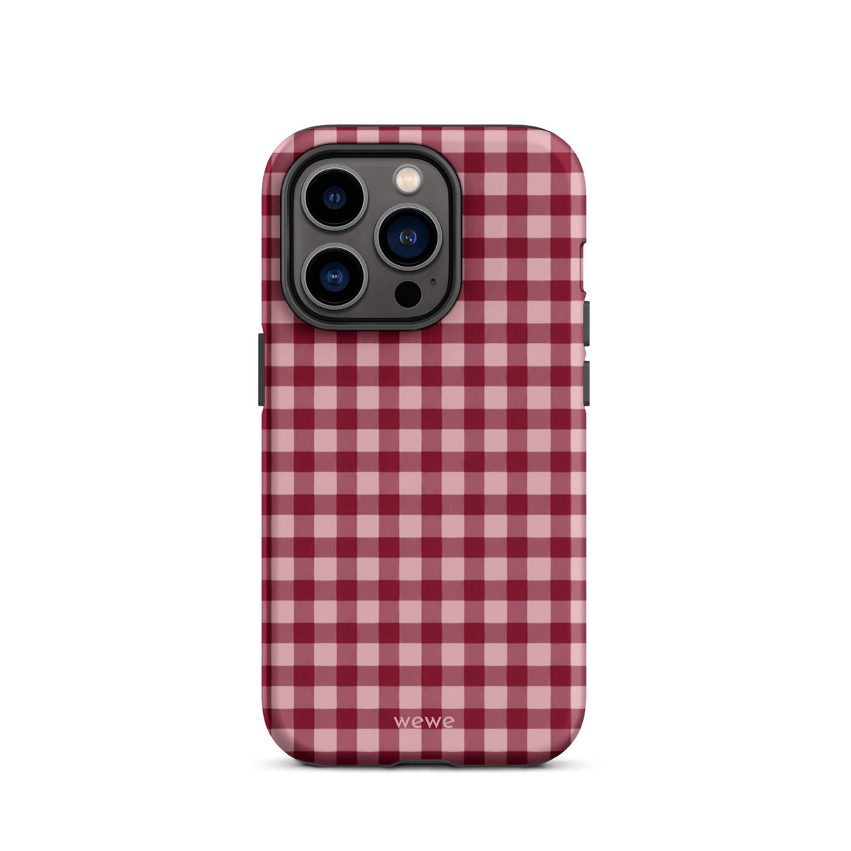 Deep burgundy and blush-pink iPhone case with an evenly repeated gingham check pattern