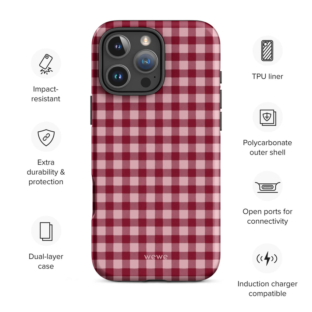 Deep burgundy and blush-pink iPhone case with an evenly repeated gingham check pattern