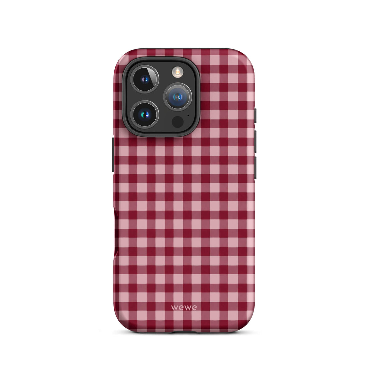 Deep burgundy and blush-pink iPhone case with an evenly repeated gingham check pattern