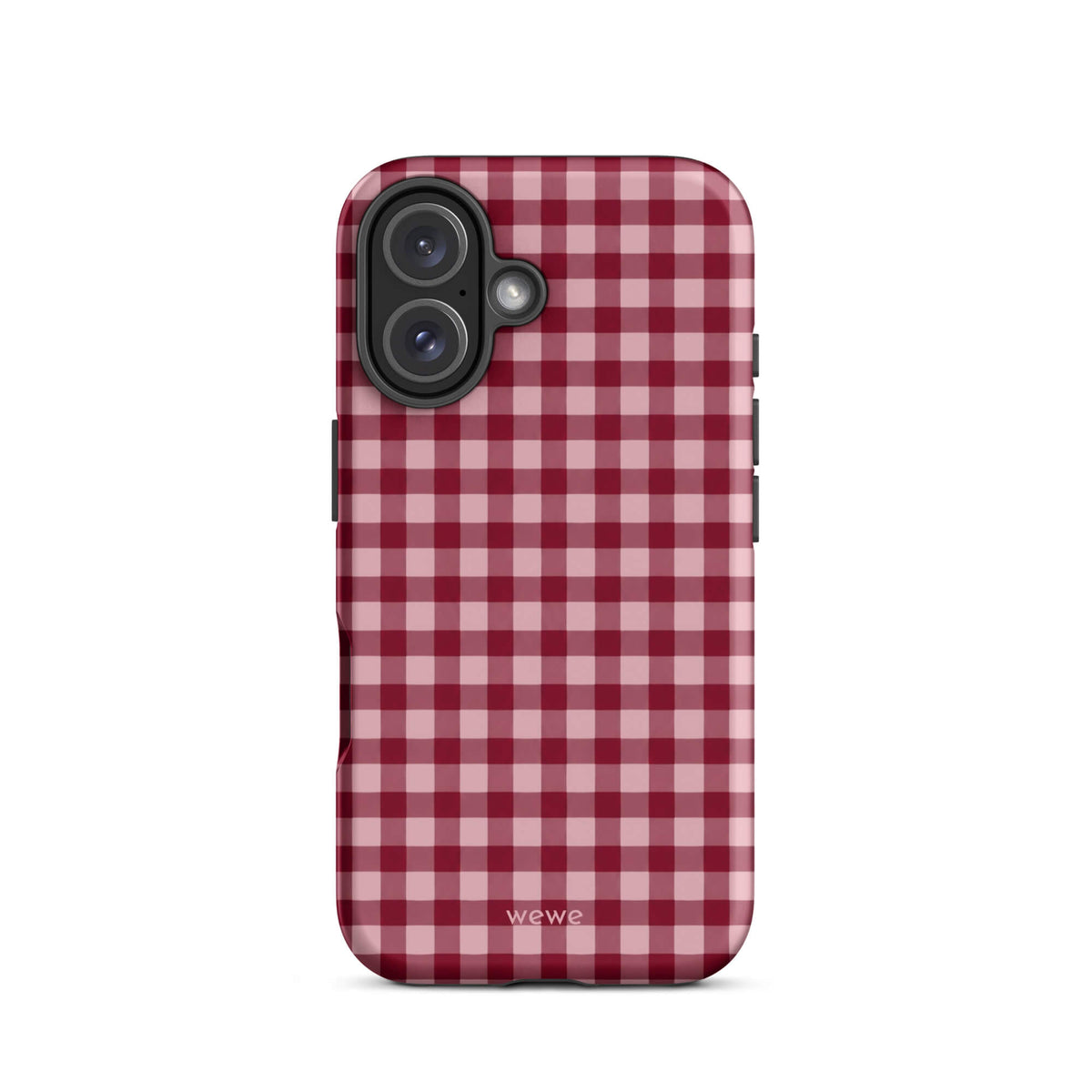 Deep burgundy and blush-pink iPhone case with an evenly repeated gingham check pattern