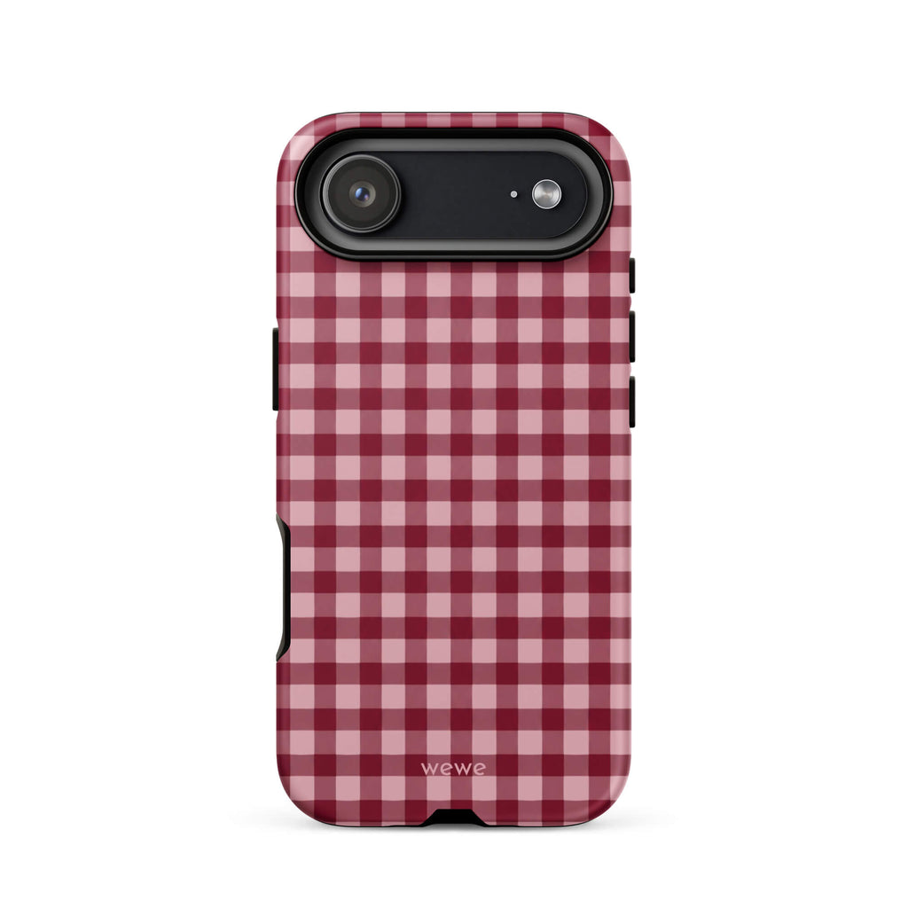 Deep burgundy and blush-pink iPhone case with an evenly repeated gingham check pattern