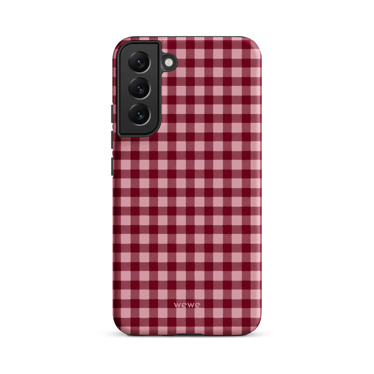 Deep burgundy and blush-pink iPhone case with an evenly repeated gingham check pattern