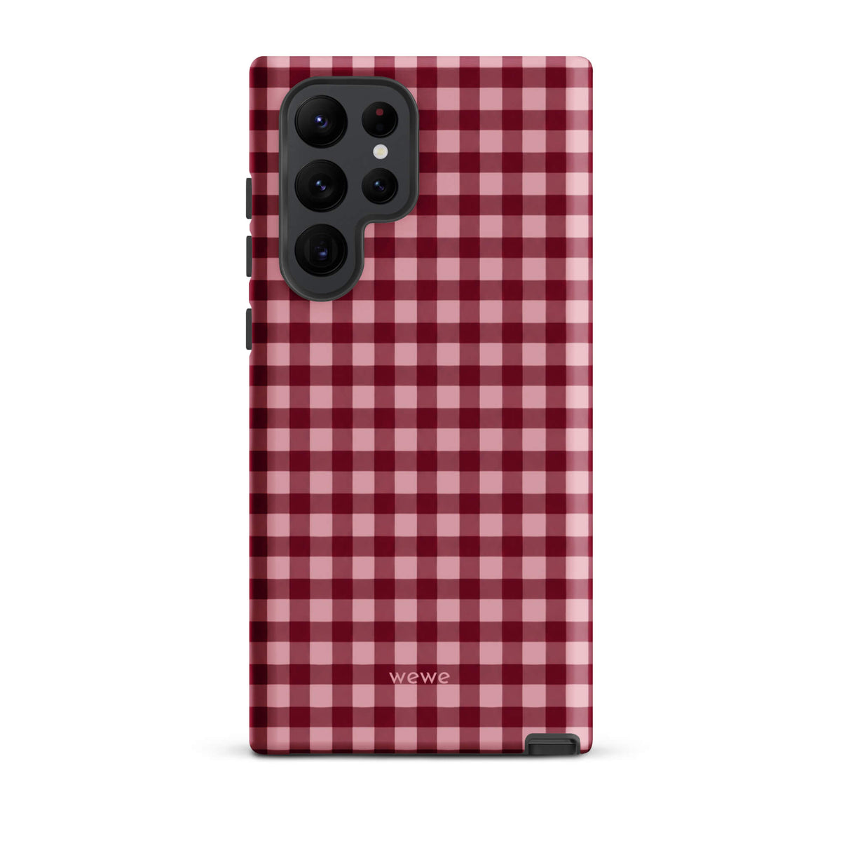 Deep burgundy and blush-pink iPhone case with an evenly repeated gingham check pattern