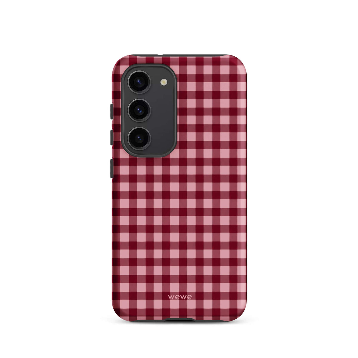 Deep burgundy and blush-pink iPhone case with an evenly repeated gingham check pattern