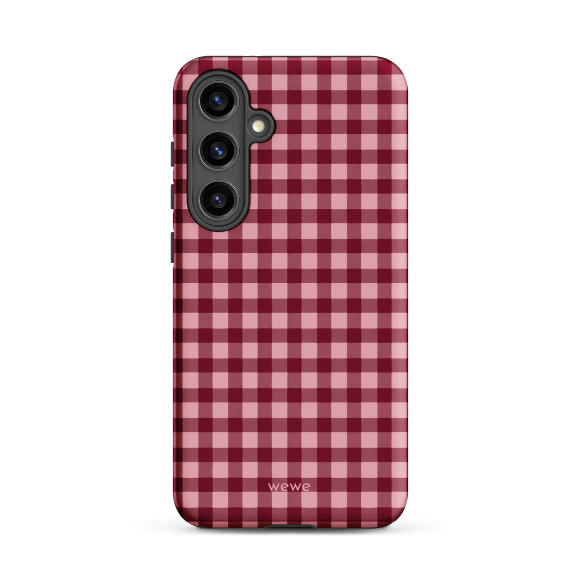 Deep burgundy and blush-pink iPhone case with an evenly repeated gingham check pattern