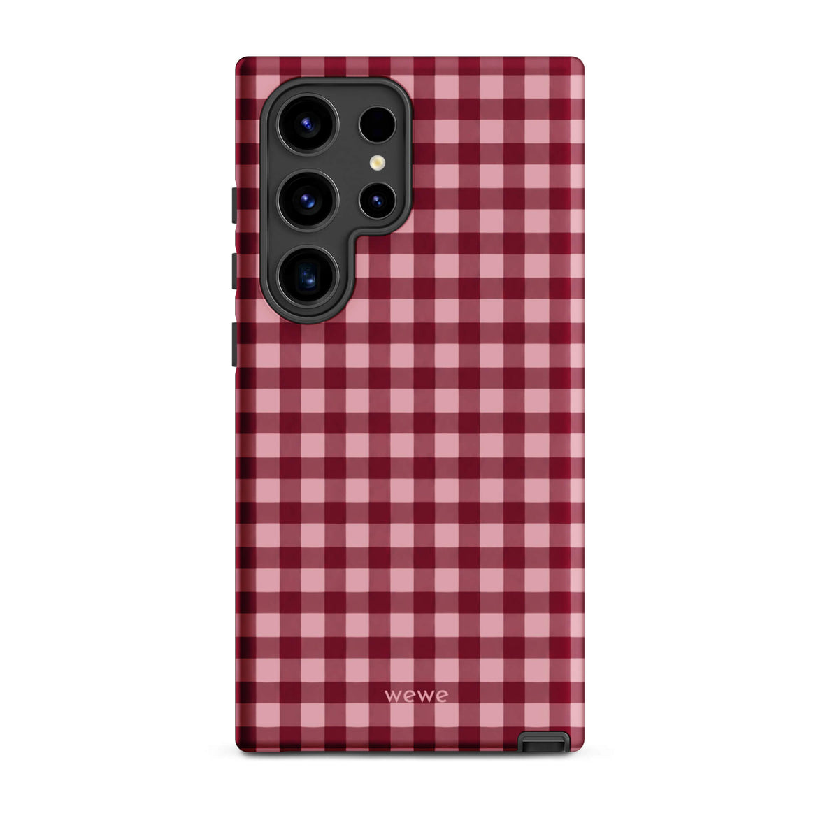 Deep burgundy and blush-pink iPhone case with an evenly repeated gingham check pattern