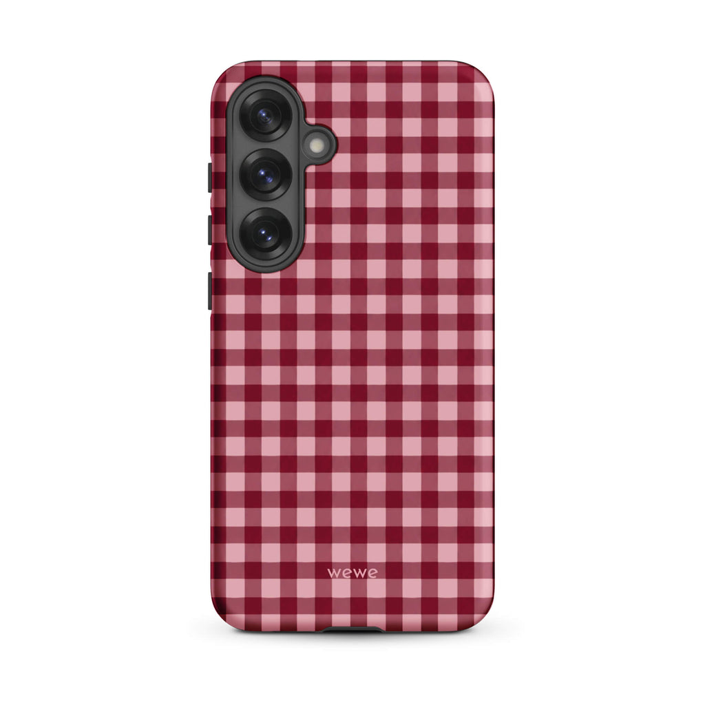 Deep burgundy and blush-pink iPhone case with an evenly repeated gingham check pattern