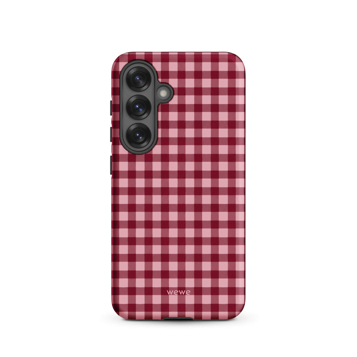 Deep burgundy and blush-pink iPhone case with an evenly repeated gingham check pattern